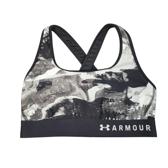 Under Armour Sports Bra Gray Black White Workout Gym Crossback Womens Size M - Picture 1 of 5